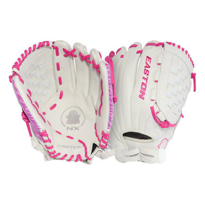 Easton Ghost NX 12.5 inch fastpitch outfield glove Basket Web in White and Pink with Purple Accenting