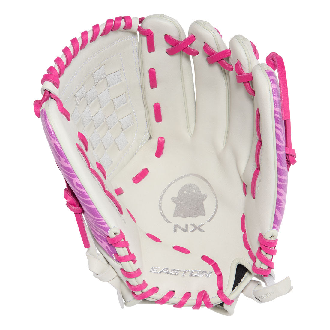 Easton Ghost NX 12.5" White and Pink fastpitch outfield glove pocket close up