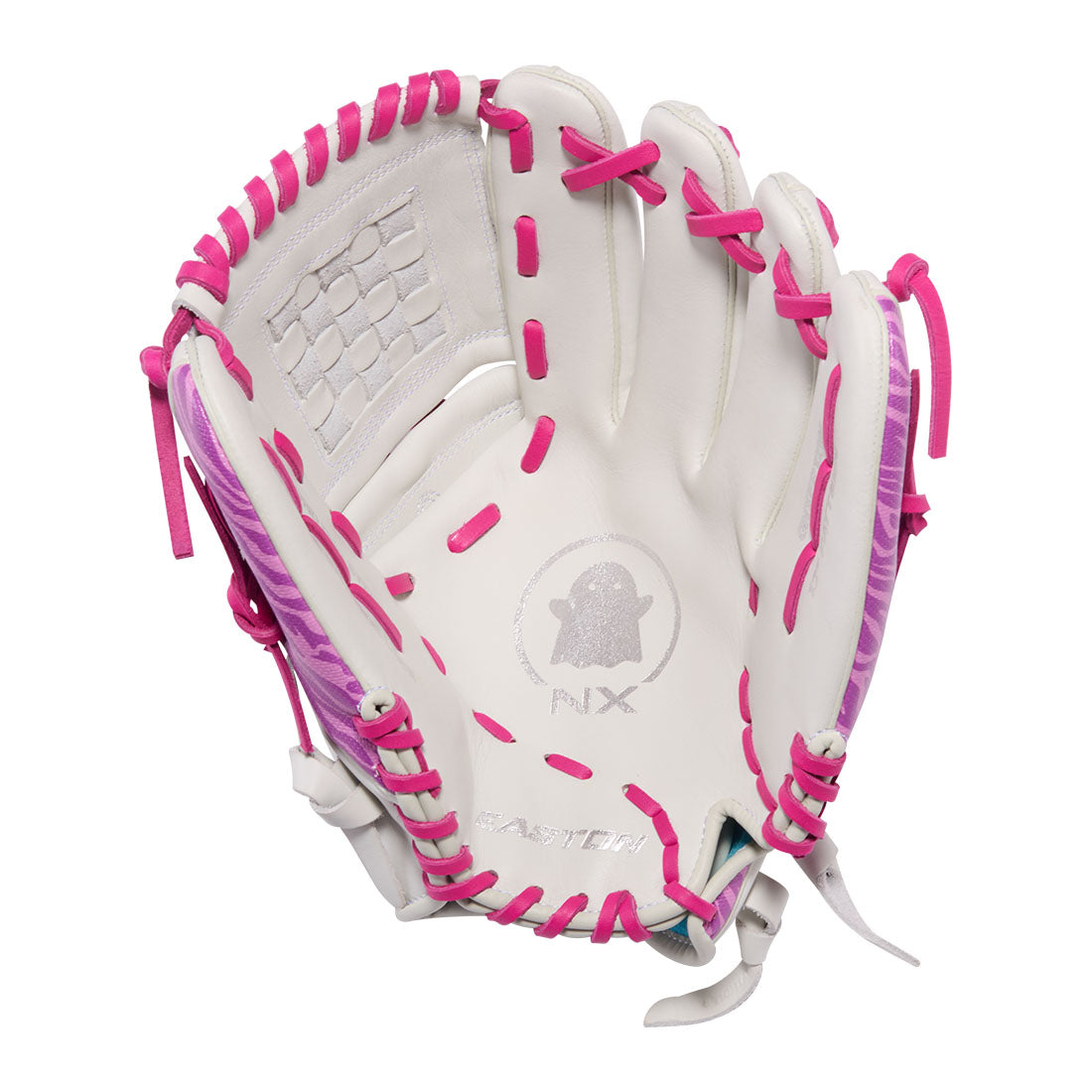 Easton Ghost NX White, Pink, and Purple 12 inch fastpitch utility glove pocket close up