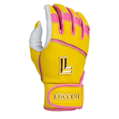 Luccini Premium Cabretta Leather Batting Gloves: Jordan Griffin Signature Series. Yellow and Pink