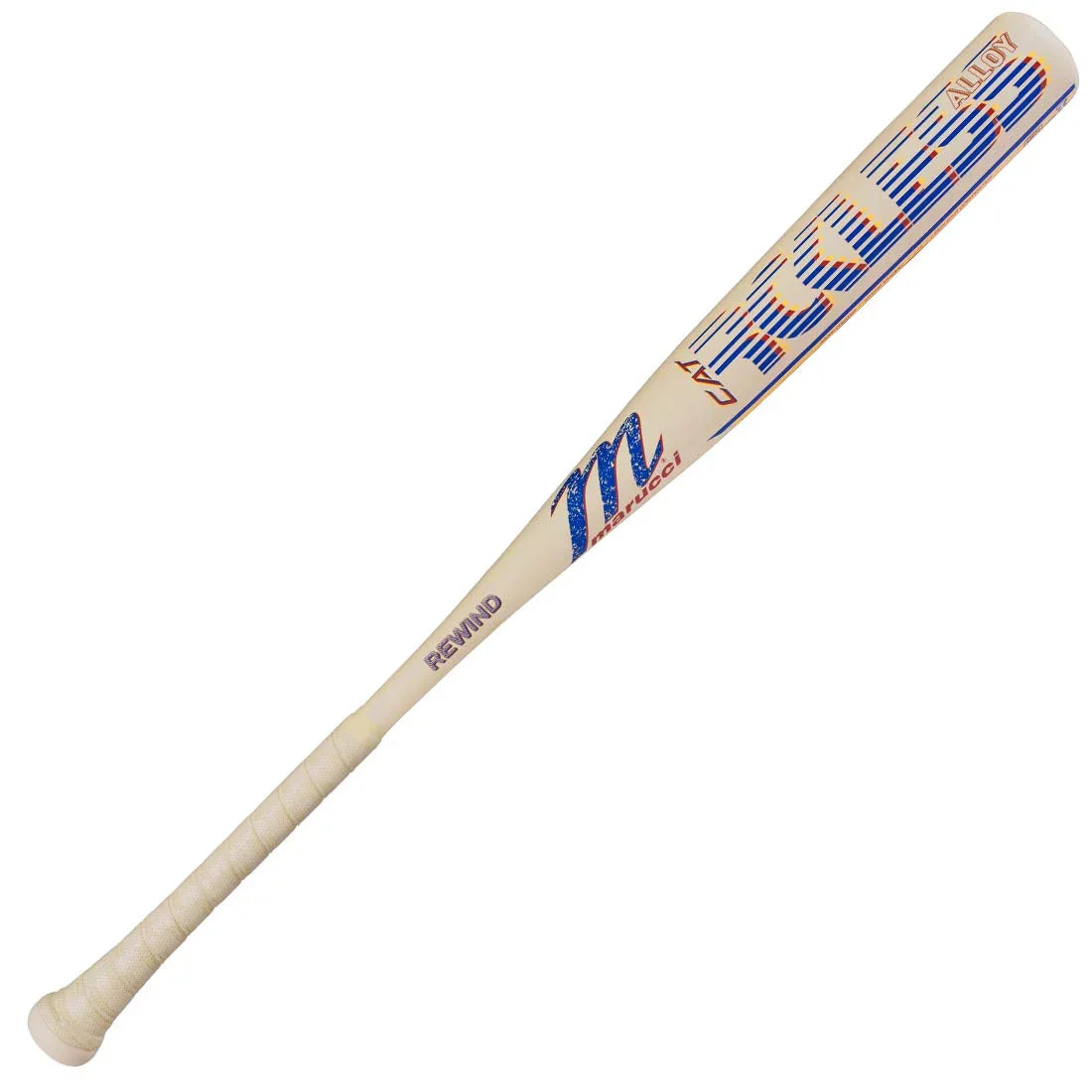 RCKLESS Rewind Alloy BBCOR bat with AZR alloy, Ring-Free barrel, AV3 vibration dampener, TFX endcap, 2 5/8" barrel, blue 1.75mm grip (models MCBCRRC/MCBCRRNE)