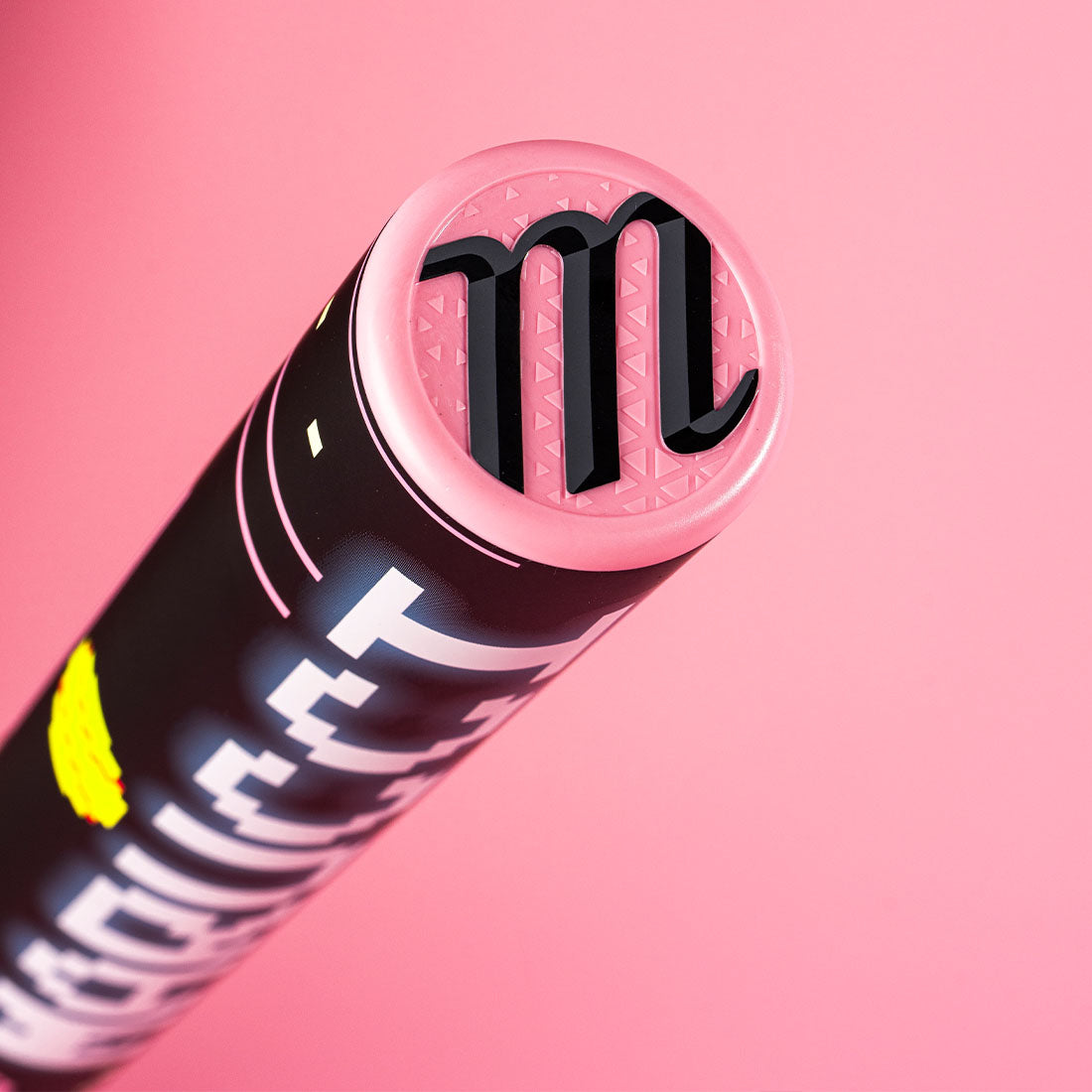 2026 Marucci Asura Rise Pac-Man Fastpitch Softball Bat endcap view on pink background
