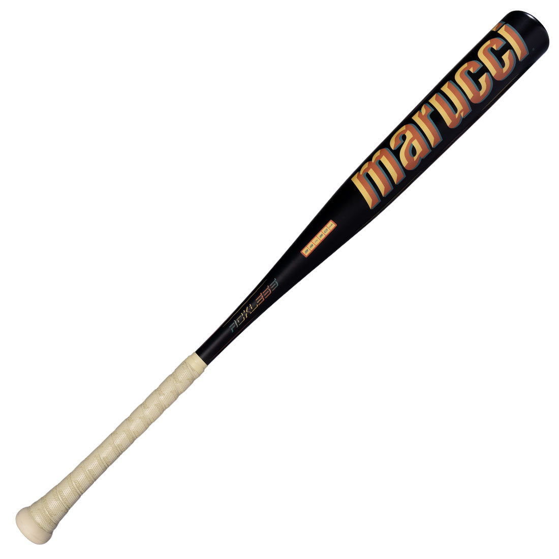 Marucci RCKLESS Gen 2 Alloy BBCOR baseball bat balanced one-piece alloy, Marucci side up.