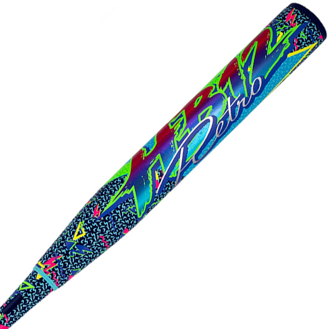 Side view of 2026 Miken HB12 Retro USSSA slowpitch bat showing 12.5 inch barrel and retro neon design
