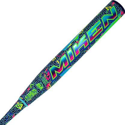Side view of 2026 Miken HB12 Retro USSSA slowpitch bat showing 12.5 inch barrel and retro neon design