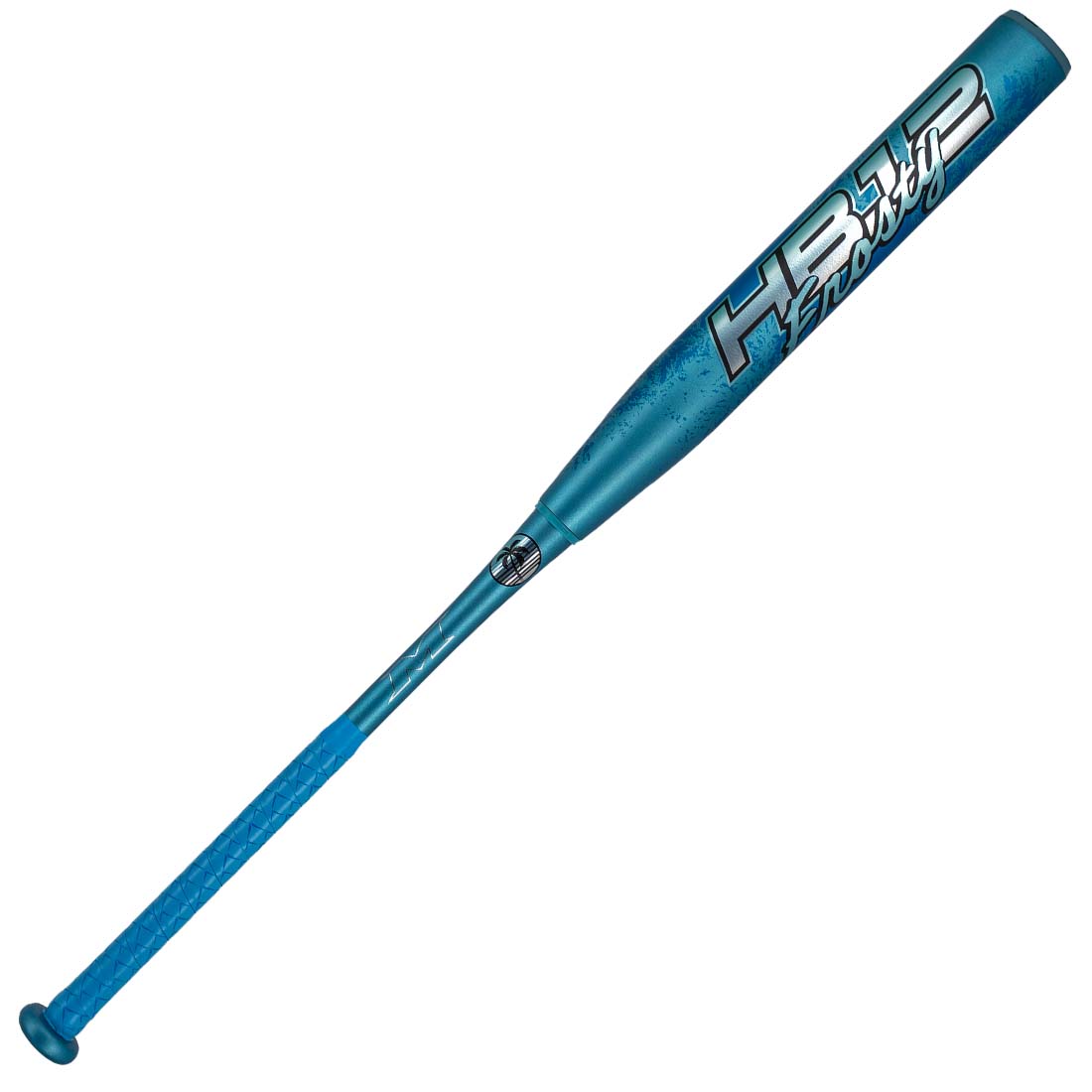 Miken HB12 Frosty slowpitch bat angled view showing HB12 Frosty barrel graphic and icy blue finish