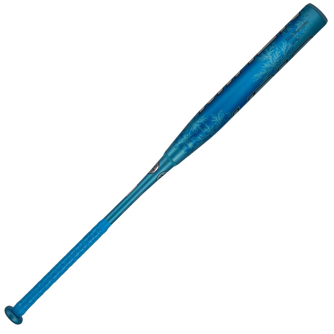Miken HB12 Frosty back-side barrel view showing icy blue fade and chrome-style detailing