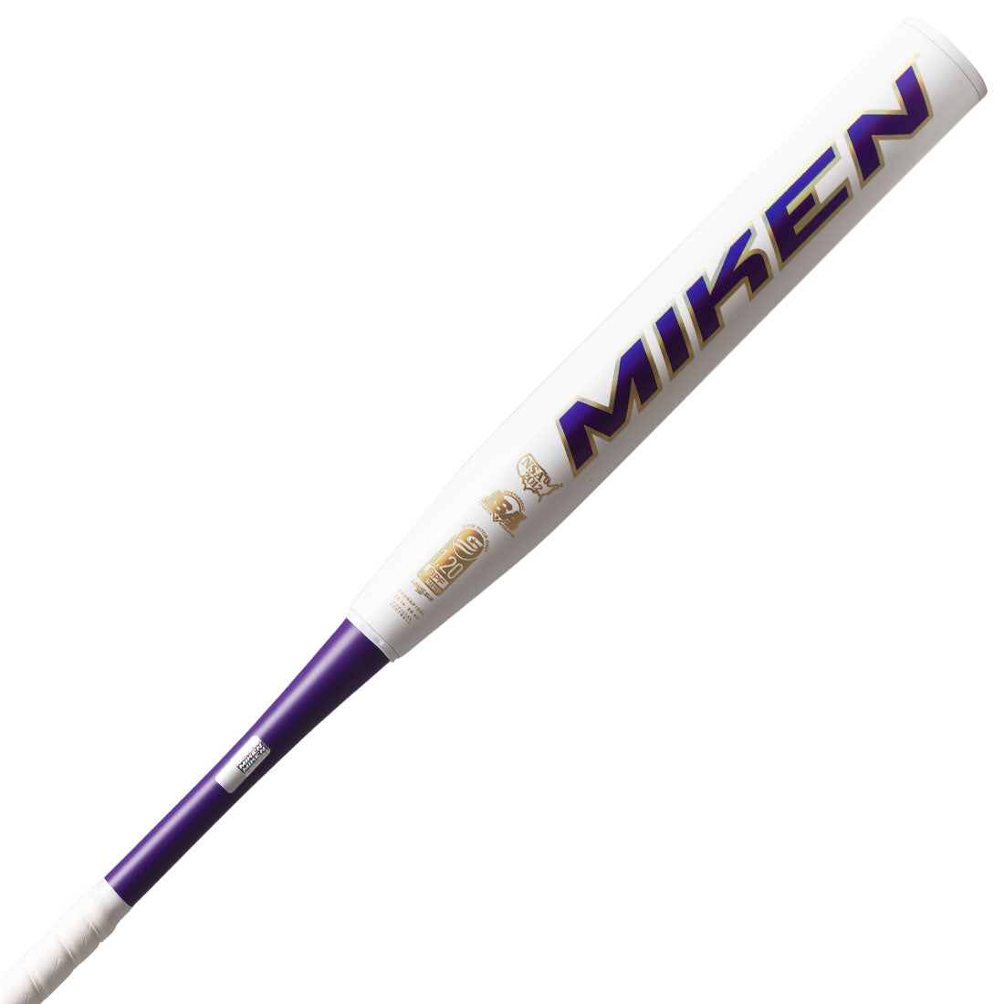 A Miken baseball bat in white with purple and gold accents, shown diagonally on a plain white background.