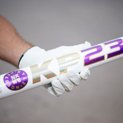 2026 Miken KP23 Kyle Pearson 14" 1PC USSSA Slowpitch Softball Bat held by Kyle Pearson with white batting gloves on.