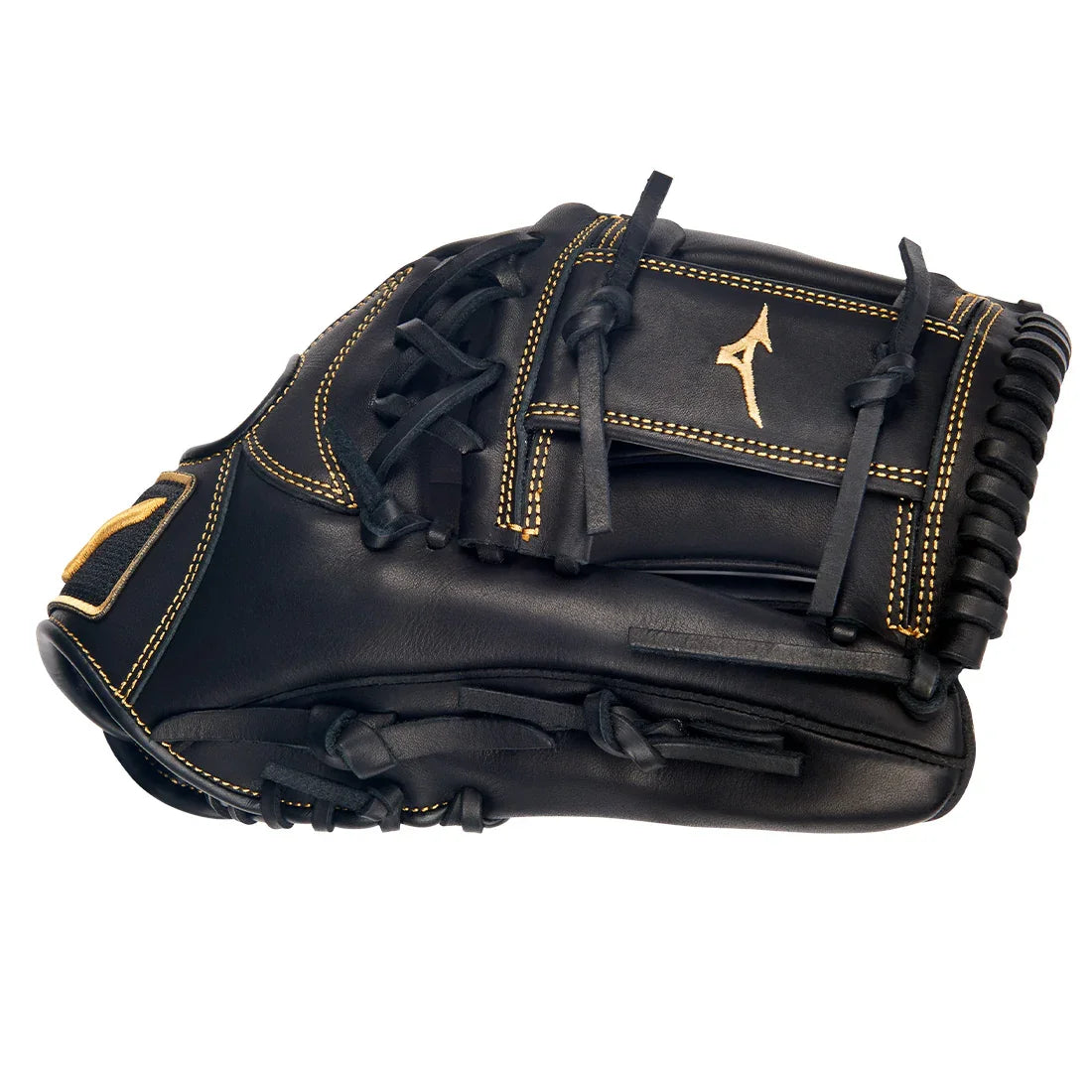 Black baseball glove with gold accents on a white background
