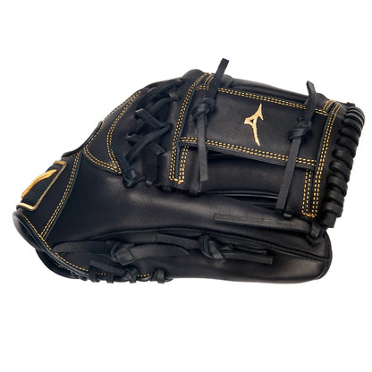 Black baseball glove with gold accents on a white background