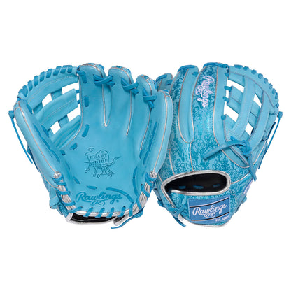 Rawlings Heart of the Hide 11.75 inch Softball Glove in Columbia Blue with Floral Design on outer shell.