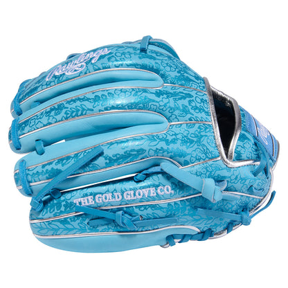 Rawlings Heart of the Hide 11.75 inch Softball Glove in Columbia Blue with Floral Design on outer shell, side back view.
