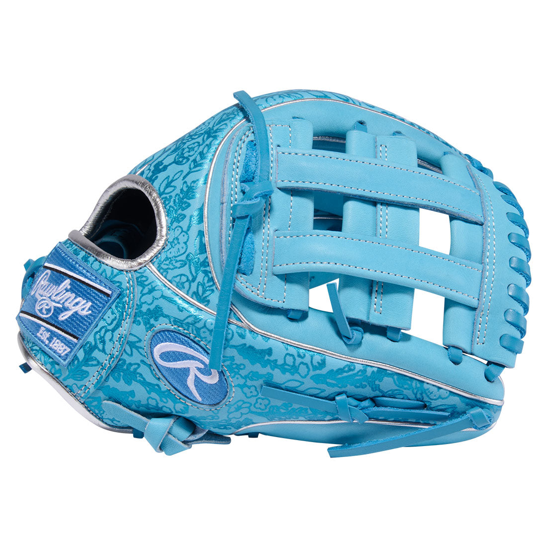 Rawlings Heart of the Hide 11.75 inch Softball Glove in Columbia Blue with Floral Design on outer shell, side H-Web pattern design. 