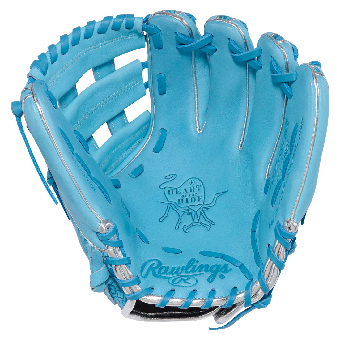 Rawlings Heart of the Hide 11.75 inch Softball Glove in Columbia Blue with Floral Design on outer shell, close up palm. 