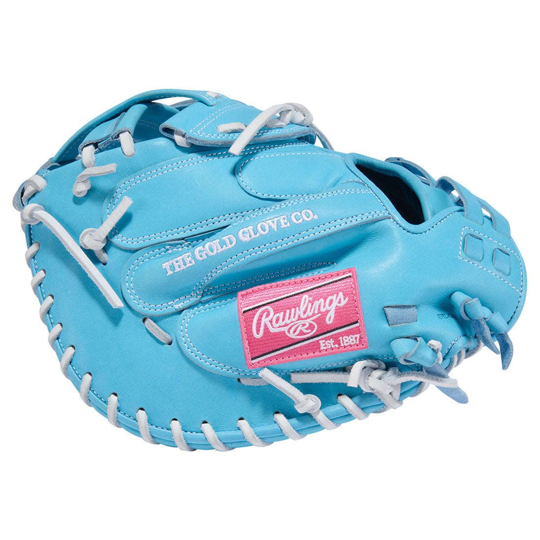 Rawlings Heart of the Hide Fastpitch 34 inch catchers mitt Modified H Web, Carolina Blue, White, Pink side view, Rawlings Pink Patch