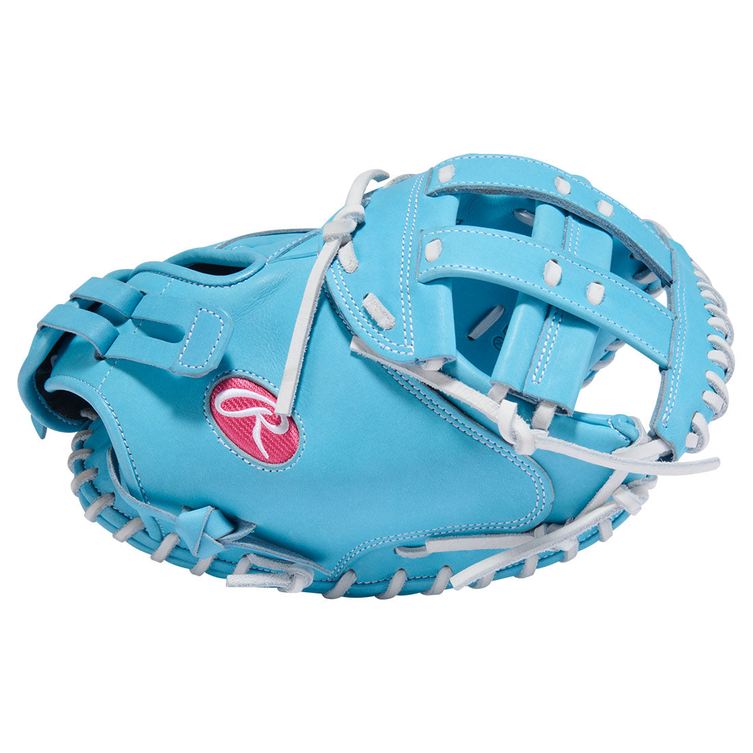 Rawlings Heart of the Hide Fastpitch 34 inch catchers mitt Modified H Web, Carolina Blue, White, Pink web side view detail