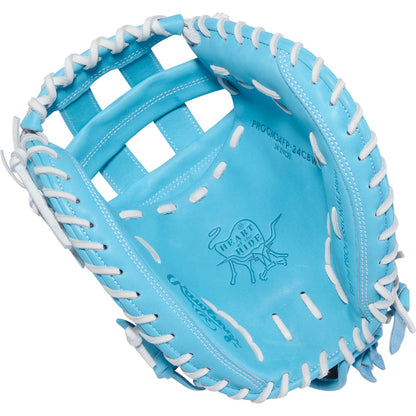 Rawlings Heart of the Hide Fastpitch 34 inch catchers mitt Modified H Web, Carolina Blue, White, PInk inside pocket close up view
