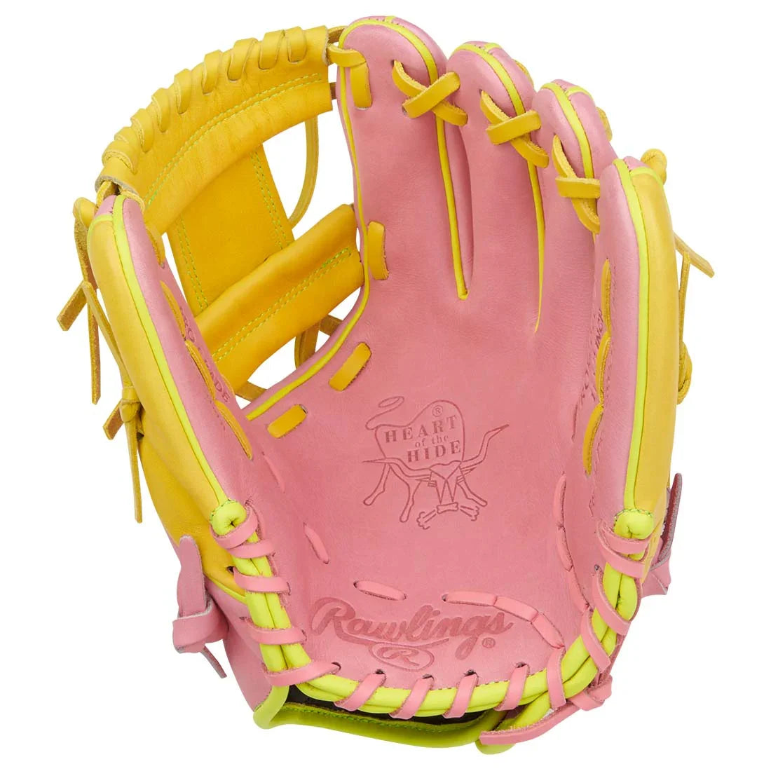 Rawlings Heart of the Hide PROR204U-2P 11.5" Infield Baseball Glove – Pink/Yellow, I-Web, R2G quick break-in