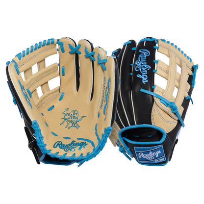 Pair of Rawlings baseball gloves with blonde and black color scheme on a white background