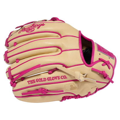 Blonde and Pink Rawlings Heart of the Hide steerhide infield baseball glove side profile
