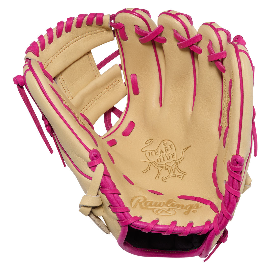 Blonde and Pink Rawlings Heart of the Hide 31 pattern infield glove pocket close up