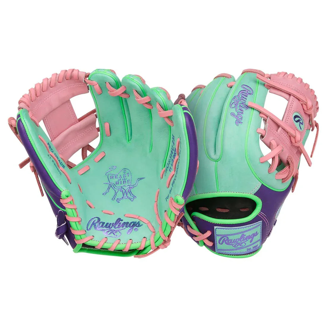 Rawlings Heart of the Hide PROR314U-2M 11.5" Infield Baseball Glove – Pink/Teal/Purple, I-Web, R2G quick break-in