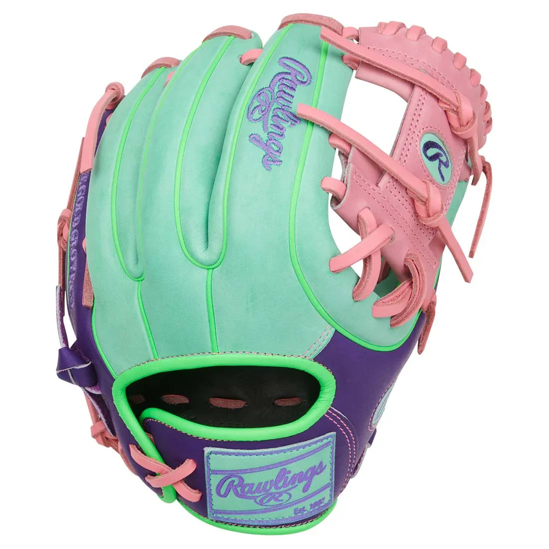 Rawlings Heart of the Hide PROR314U-2M 11.5" Infield Baseball Glove – Pink/Teal/Purple, I-Web, R2G quick break-in