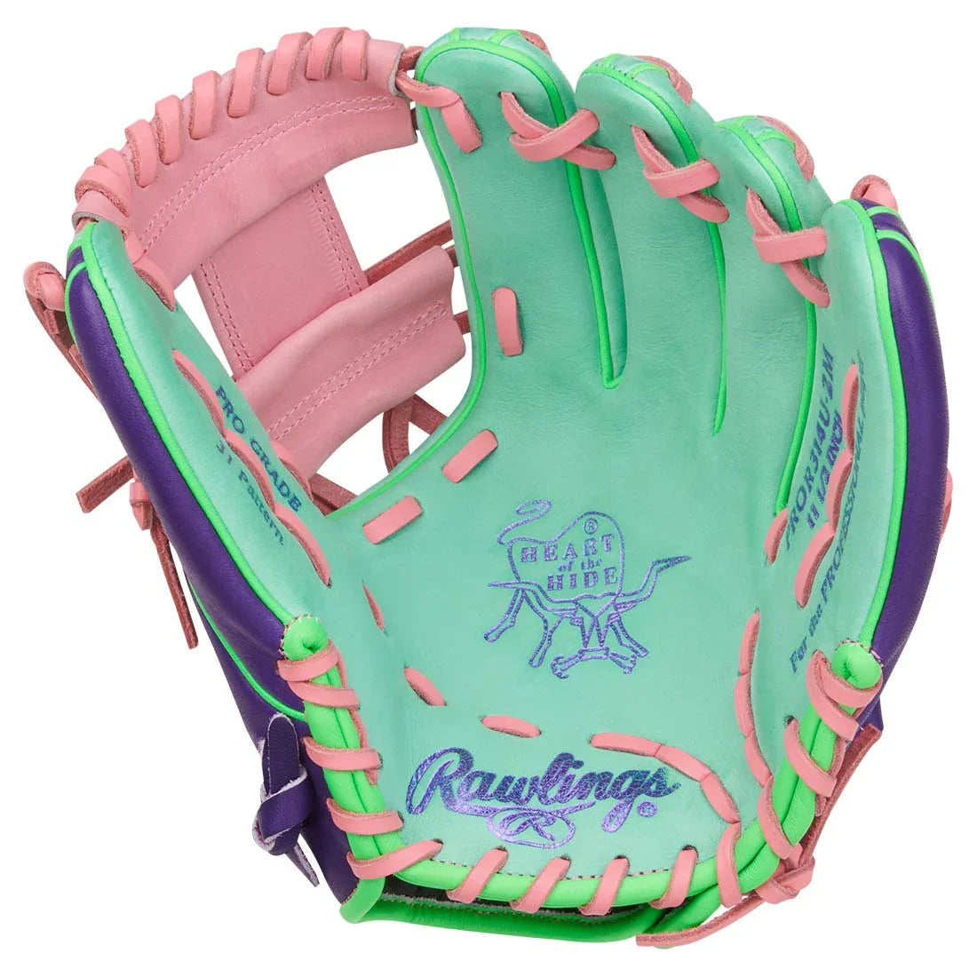 Rawlings Heart of the Hide PROR314U-2M 11.5" Infield Baseball Glove – Pink/Teal/Purple, I-Web, R2G quick break-in