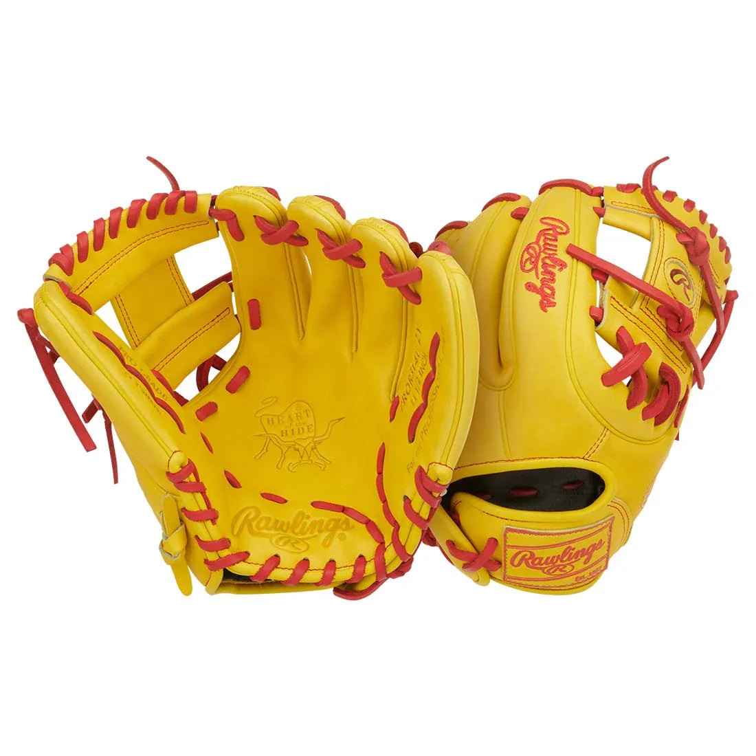 Rawlings Heart of the Hide PROR314U-2Y 11.5" Infield Baseball Glove – Yellow/Scarlet, ContoUR Fit, Pro I-Web, R2G quick break-in