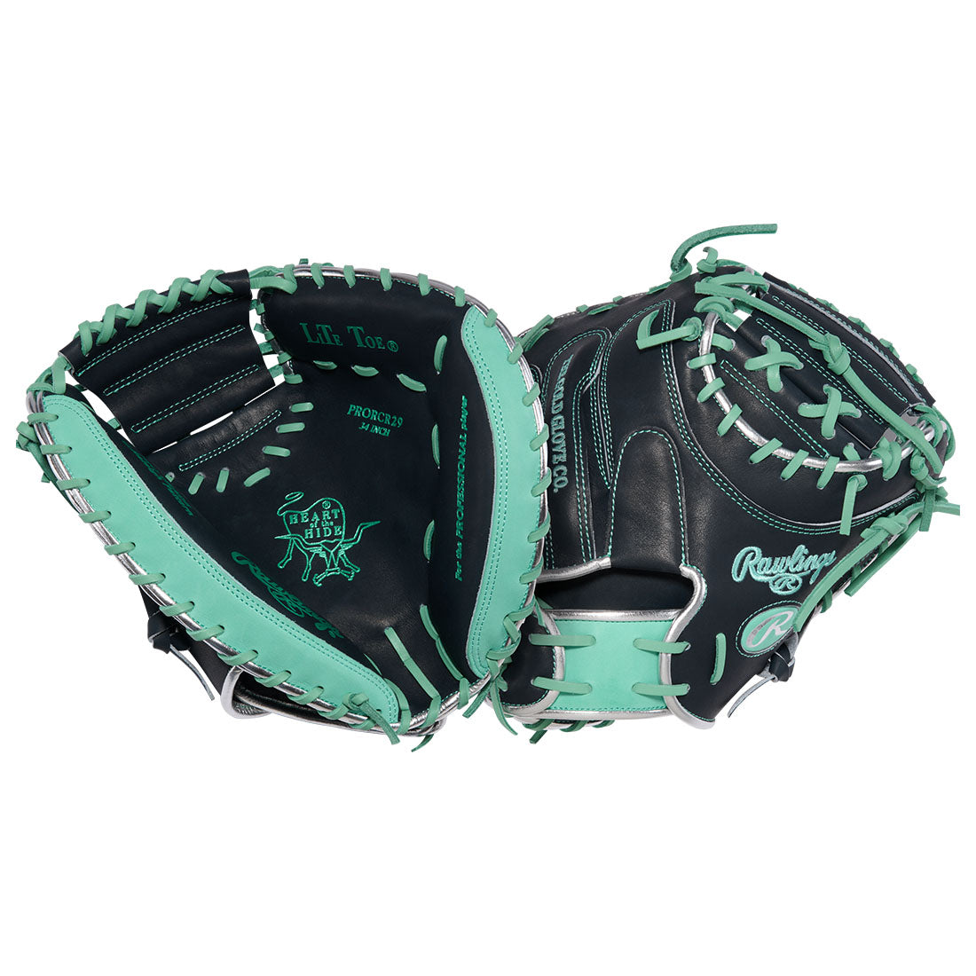 Rawlings Heart of the Hide CR29 34 inch catchers mitt Cal Raleigh Navy and Seafoam Green