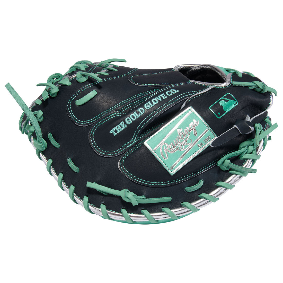 Rawlings Heart of the Hide CR29 34 inch catchers mitt Cal Raleigh Navy and Seafoam Green