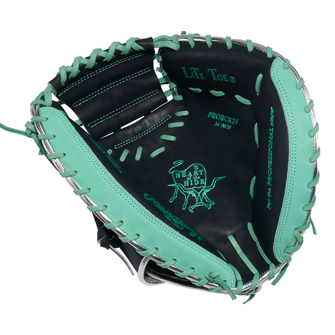 Rawlings Heart of the Hide CR29 34 inch catchers mitt Cal Raleigh Navy and Seafoam Green