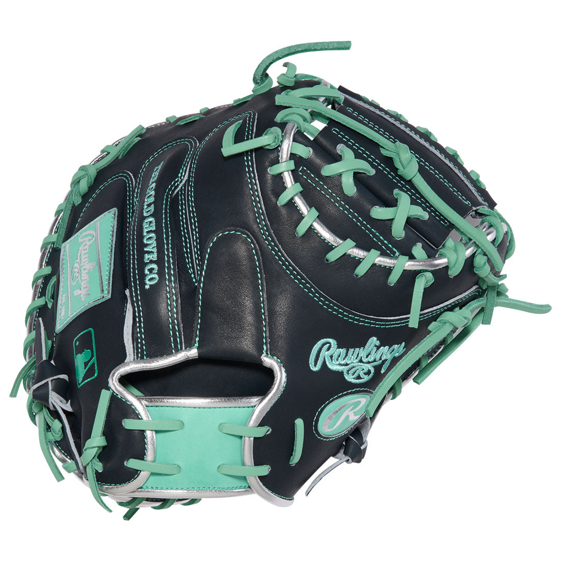 Rawlings Heart of the Hide CR29 34 inch catchers mitt Cal Raleigh Navy and Seafoam Green