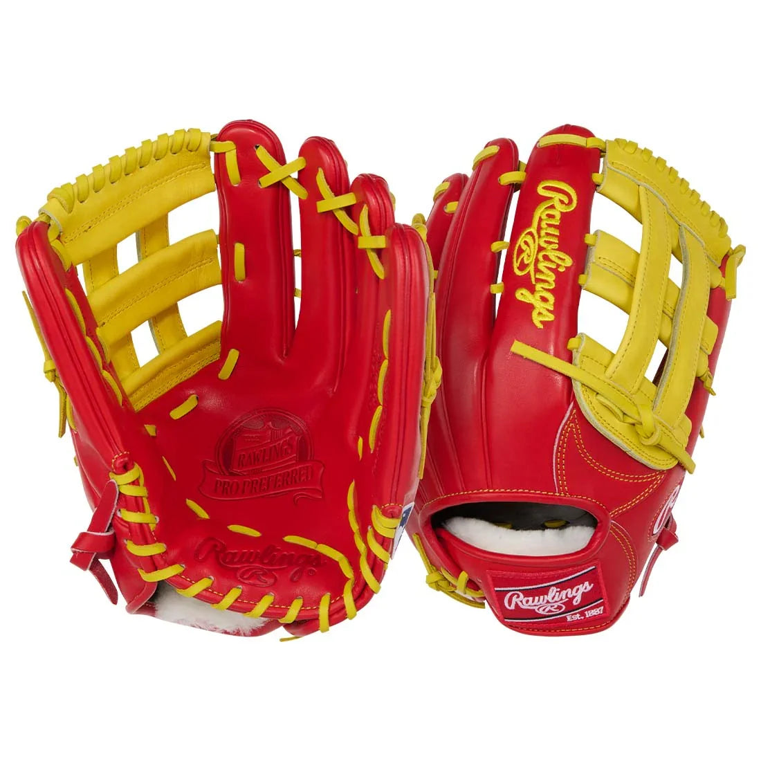 Rawlings Pro Preferred PROS3039-6S 12.75" Outfield Baseball Glove – Red/Yellow, H-Web, kip leather, long-finger 3039 pattern, stiff player break-in