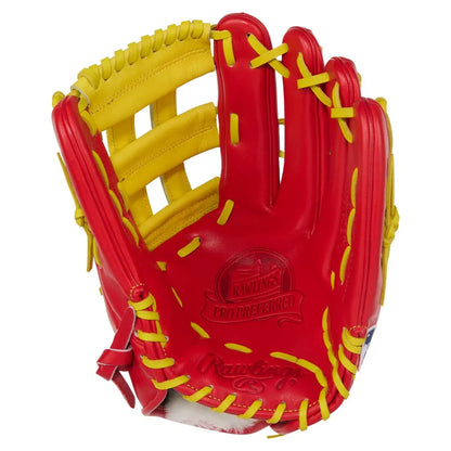 Rawlings Pro Preferred PROS3039-6S 12.75" Outfield Baseball Glove – Red/Yellow, H-Web, kip leather, long-finger 3039 pattern, stiff player break-in