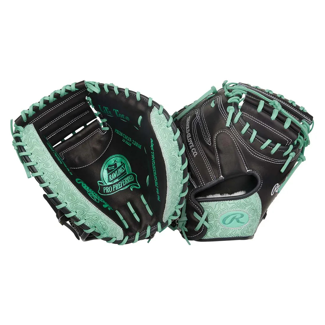 Rawlings Pro Preferred PROSCM33-23BM 33" Catcher’s Mitt – Black/Teal, 1-piece solid web, deep pocket, pro kip leather, stiff break-in