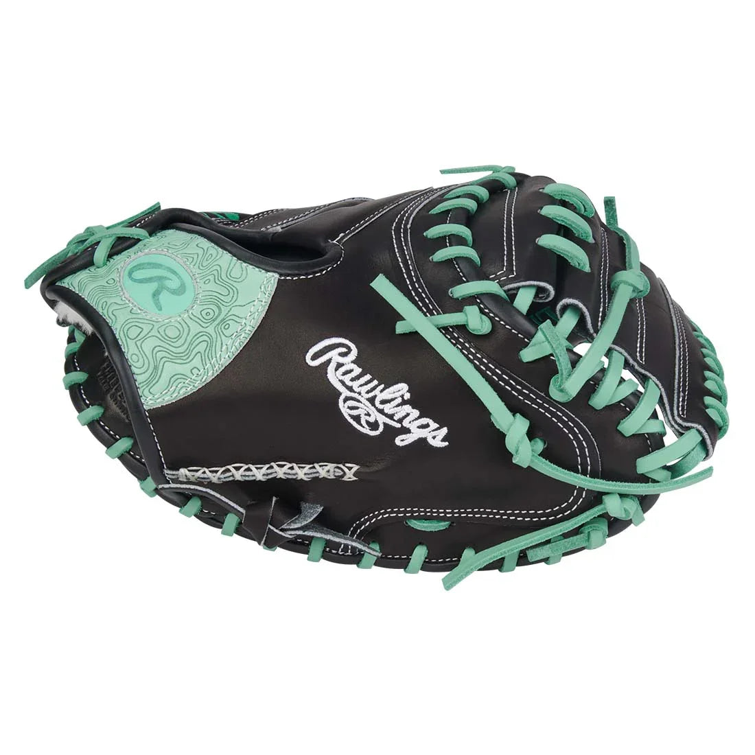 Rawlings Pro Preferred PROSCM33-23BM 33" Catcher’s Mitt – Black/Teal, 1-piece solid web, deep pocket, pro kip leather, stiff break-in