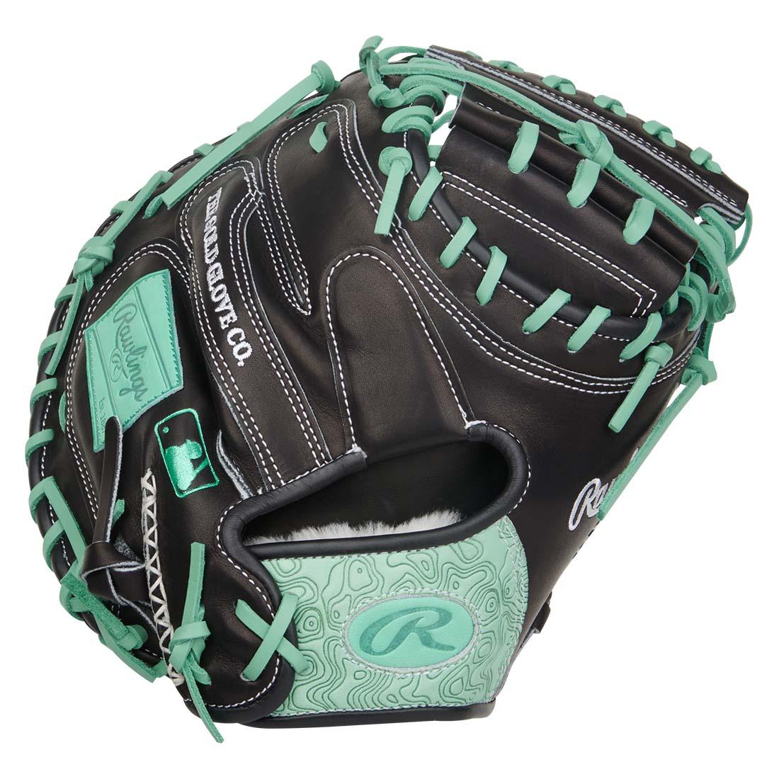 Rawlings Pro Preferred PROSCM33-23BM 33" Catcher’s Mitt – Black/Teal, 1-piece solid web, deep pocket, pro kip leather, stiff break-in