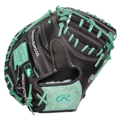 Rawlings Pro Preferred PROSCM33-23BM 33" Catcher’s Mitt – Black/Teal, 1-piece solid web, deep pocket, pro kip leather, stiff break-in