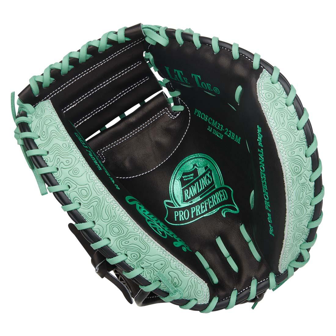 Rawlings Pro Preferred PROSCM33-23BM 33" Catcher’s Mitt – Black/Teal, 1-piece solid web, deep pocket, pro kip leather, stiff break-in