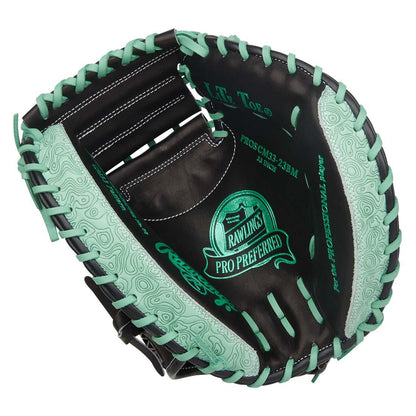 Rawlings Pro Preferred PROSCM33-23BM 33" Catcher’s Mitt – Black/Teal, 1-piece solid web, deep pocket, pro kip leather, stiff break-in