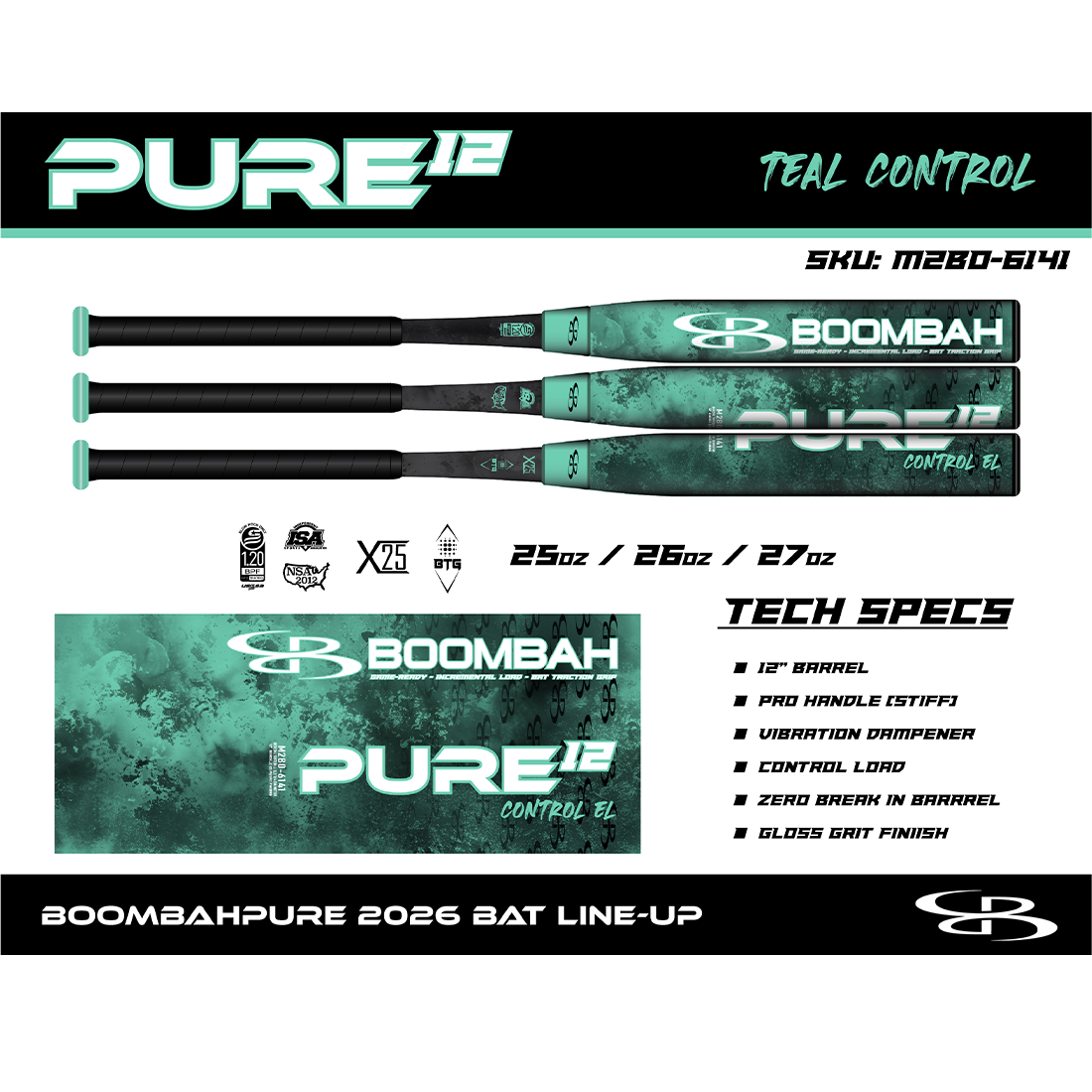 Boombah Pure Teal Balanced 12" USSSA Slowpitch Softball Bat: M2B0-6141