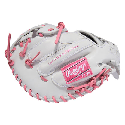 Rawlings White and Pink Liberty Advanced catcher-specific fastpitch mitt side profile