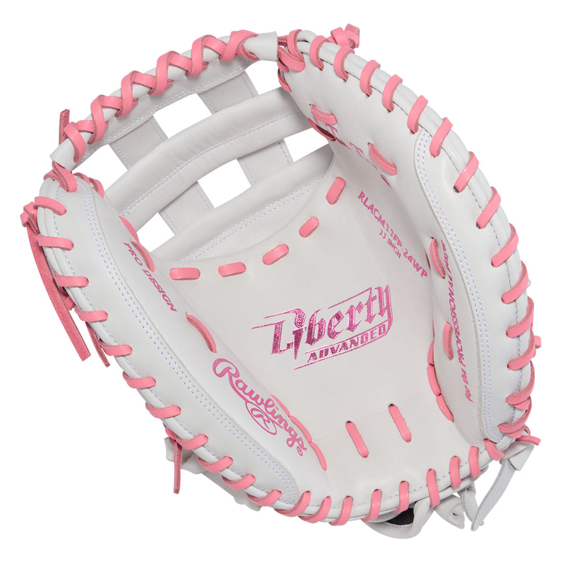 Rawlings White/Pink Liberty Advanced 33 inch fastpitch catchers mitt Modified H Web palm view