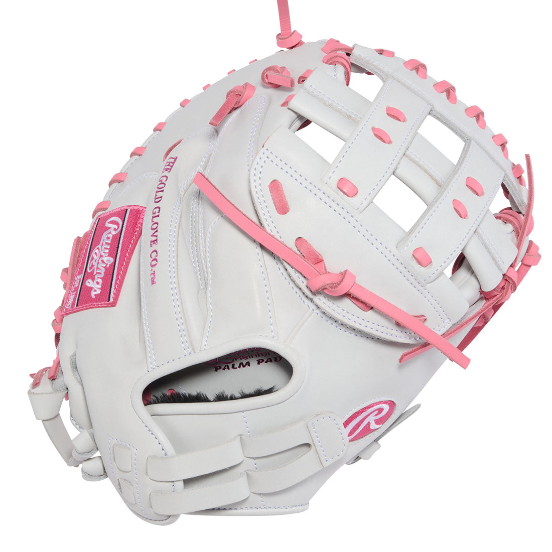 Rawlings White/Pink Liberty Advanced 33 inch fastpitch catchers mitt Modified H Web back view