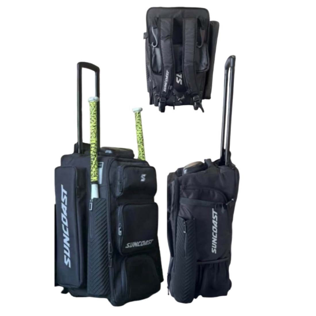 Suncoast roller carry bat pack with cooler BG-029 all black all terrain wheels telescoping handle