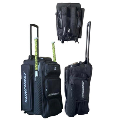 Suncoast roller carry bat pack with cooler BG-029 all black all terrain wheels telescoping handle