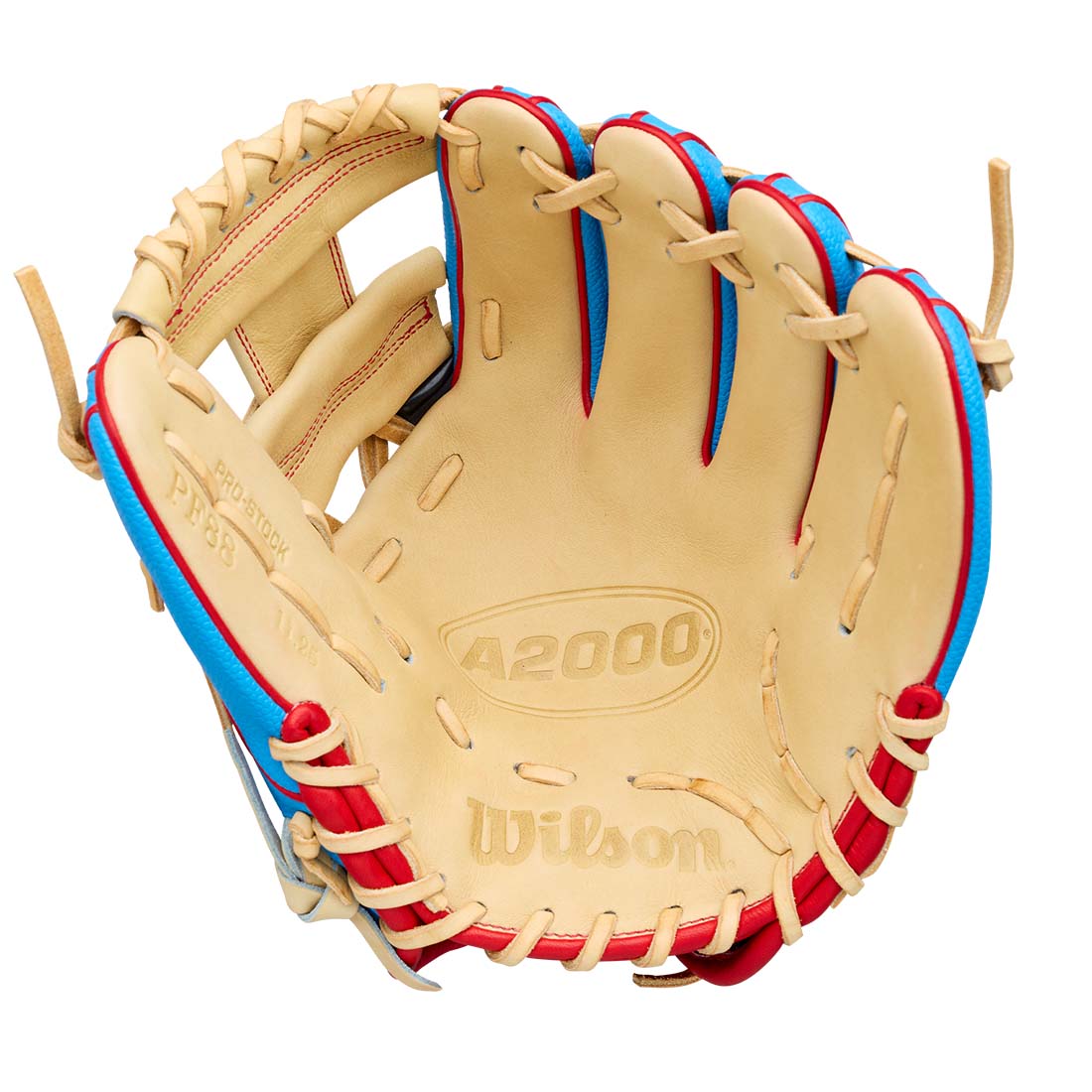 Inside view of the 2027 Wilson A2000 PF88SS 11.25 inch infield baseball glove Blonde Red Sky Blue