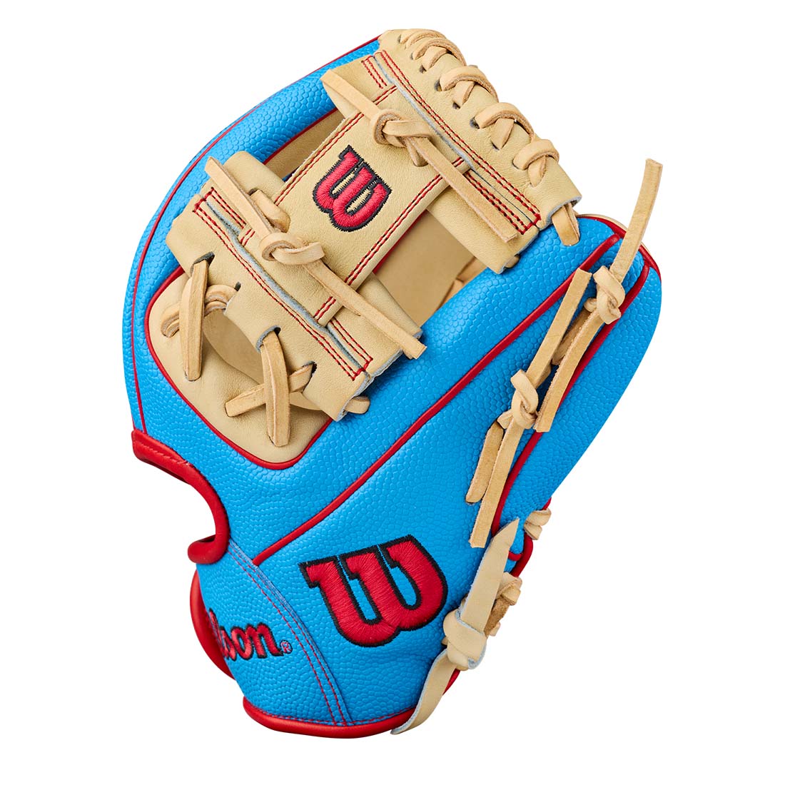 Side View of 2027 Wilson A2000 PF88SS 11.25 inch infield baseball glove Blonde Red Sky Blue